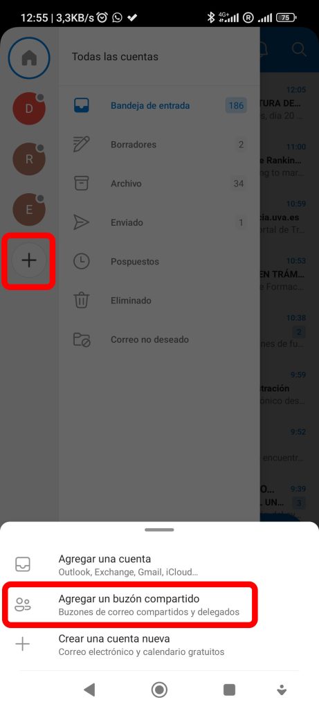 Captura de pantalla para añadir buzón compartido en Microsoft Outlook de Android